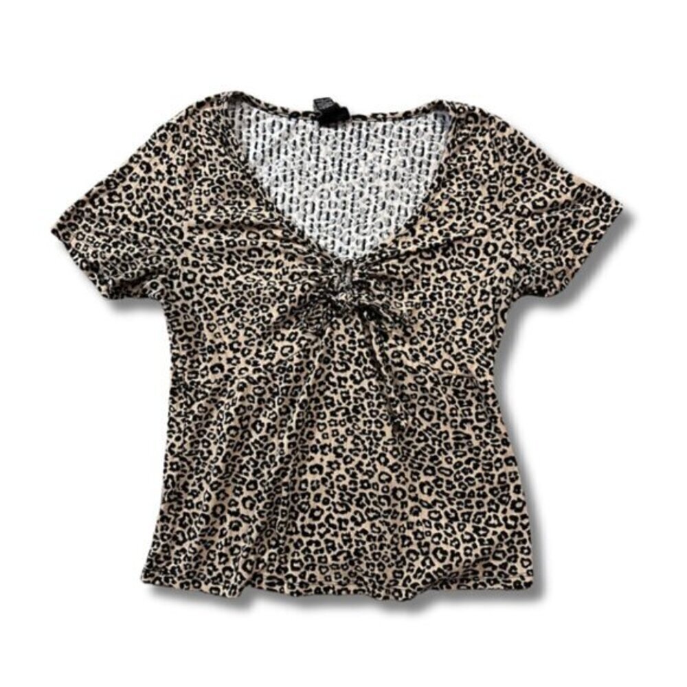 Leopard Print V Neck Women's Short Sleeve T Shirt Cutout Rue +